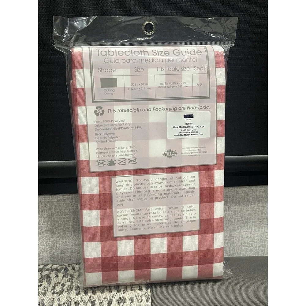 60 x 84 Tablecloth Red White Check Vinyl 100% PEVA